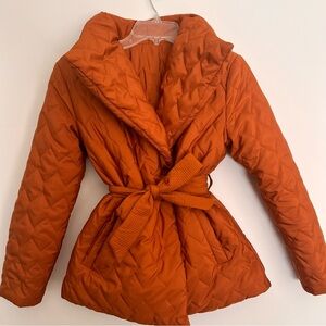 Puffer Belted Womens M Quilted Jacket Rust Snap Closure Lightweight Packable